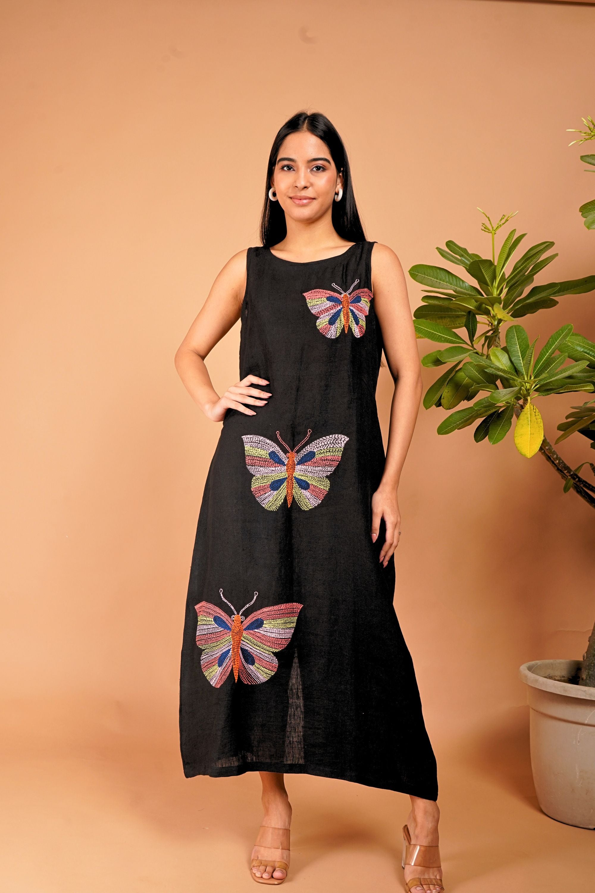 The Flutter Story, Papillon Noir Hand-Embroidered Linen Dress