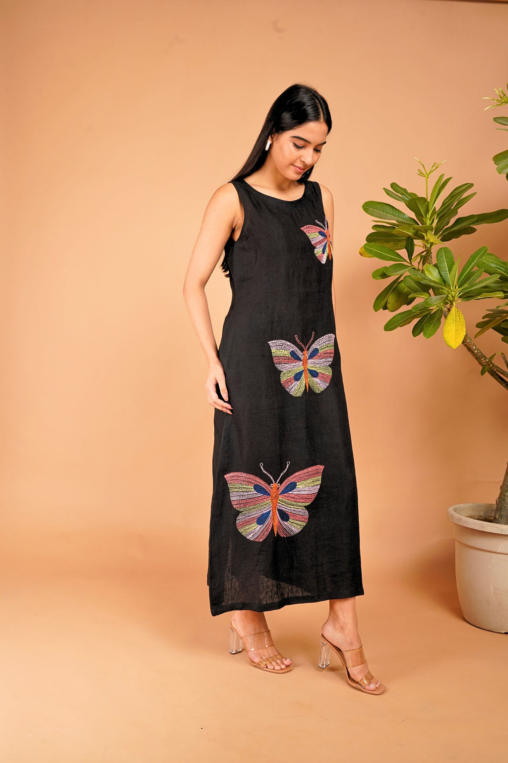 The Flutter Story, Papillon Noir Hand-Embroidered Linen Dress
