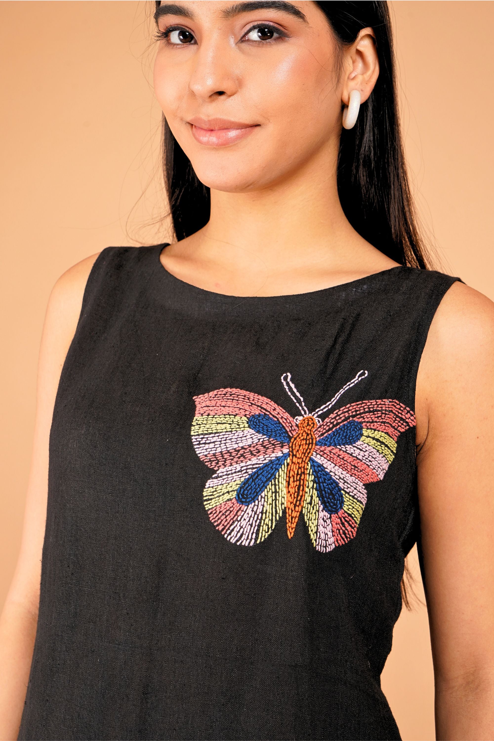 The Flutter Story, Papillon Noir Hand-Embroidered Linen Dress