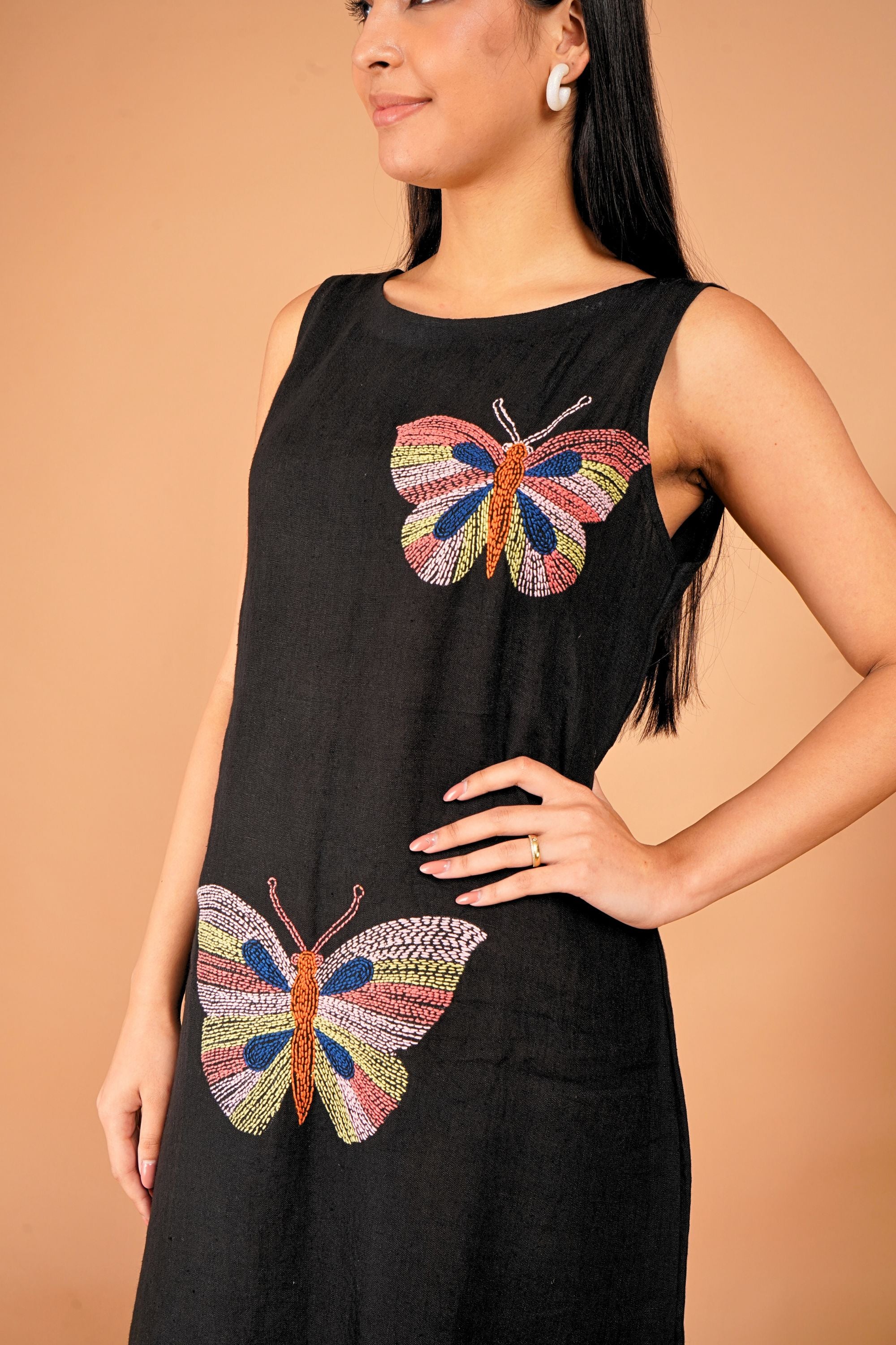 The Flutter Story, Papillon Noir Hand-Embroidered Linen Dress