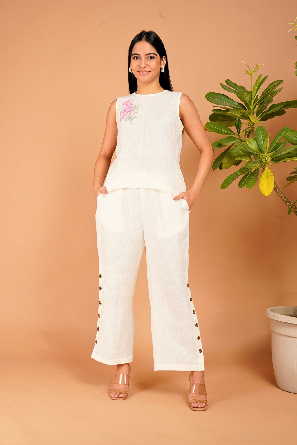 Ivory Bloom Hand-Embroidered Linen Co-Ord Set