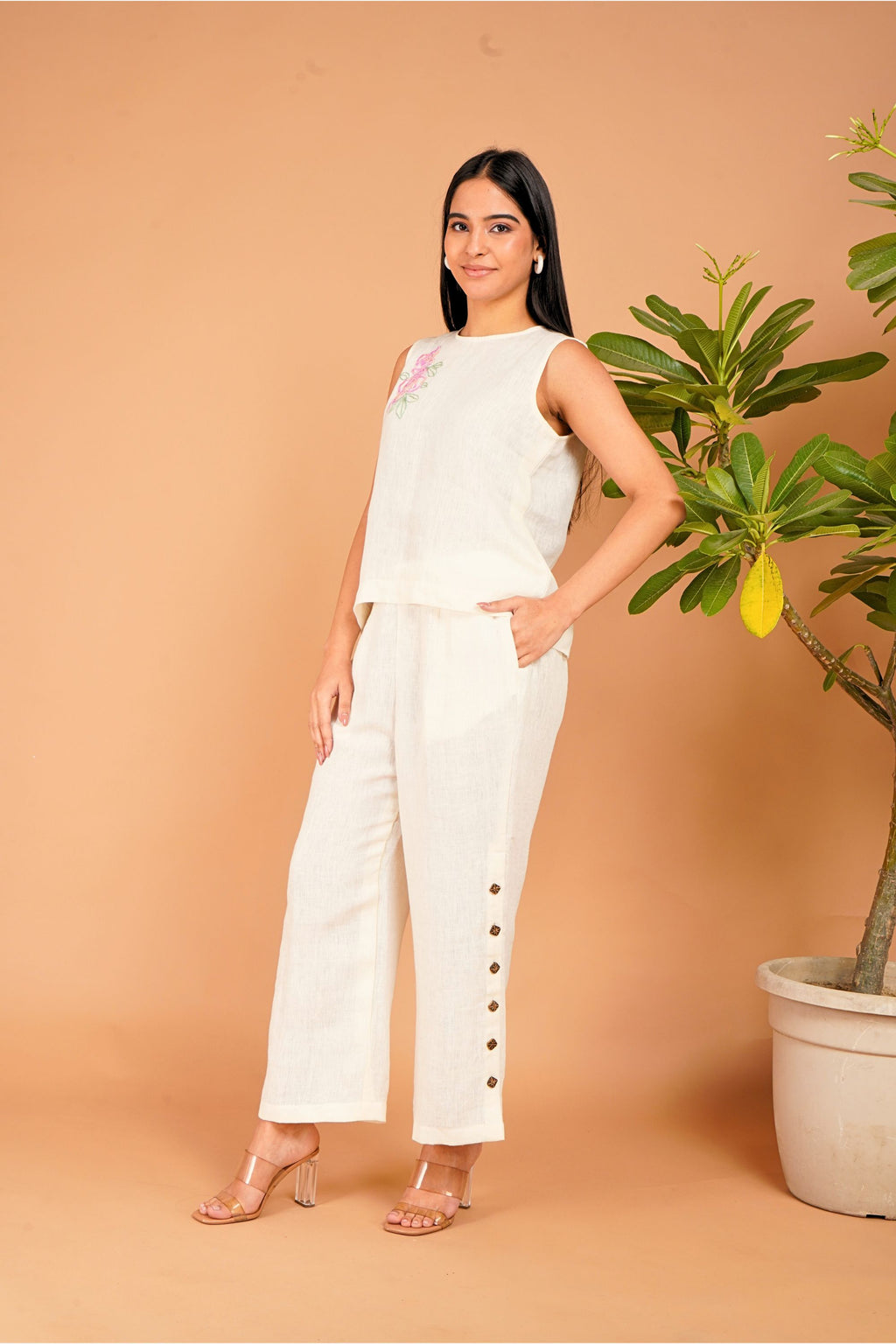 Ivory Bloom Hand-Embroidered Linen Co-Ord Set
