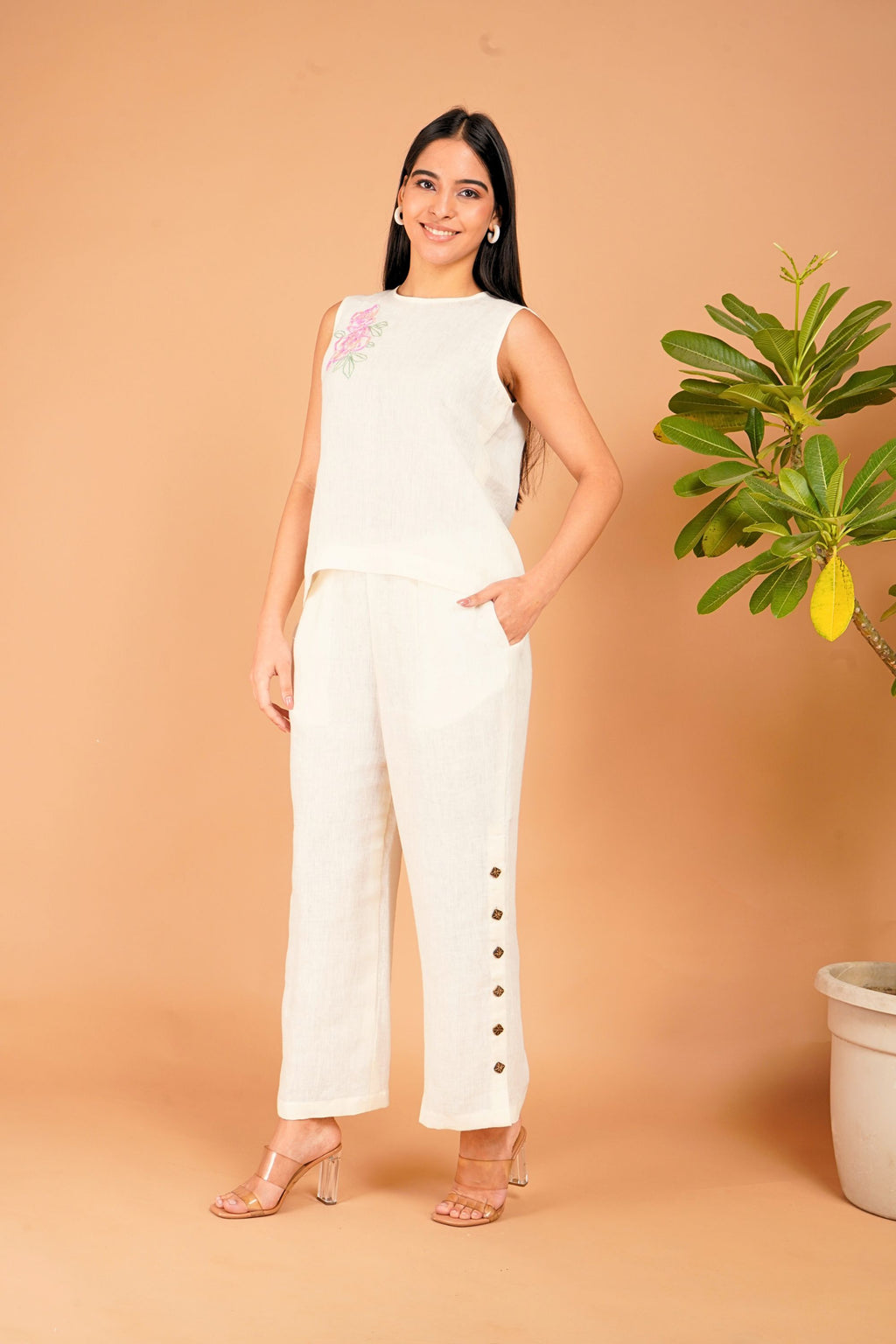 Ivory Bloom Hand-Embroidered Linen Co-Ord Set