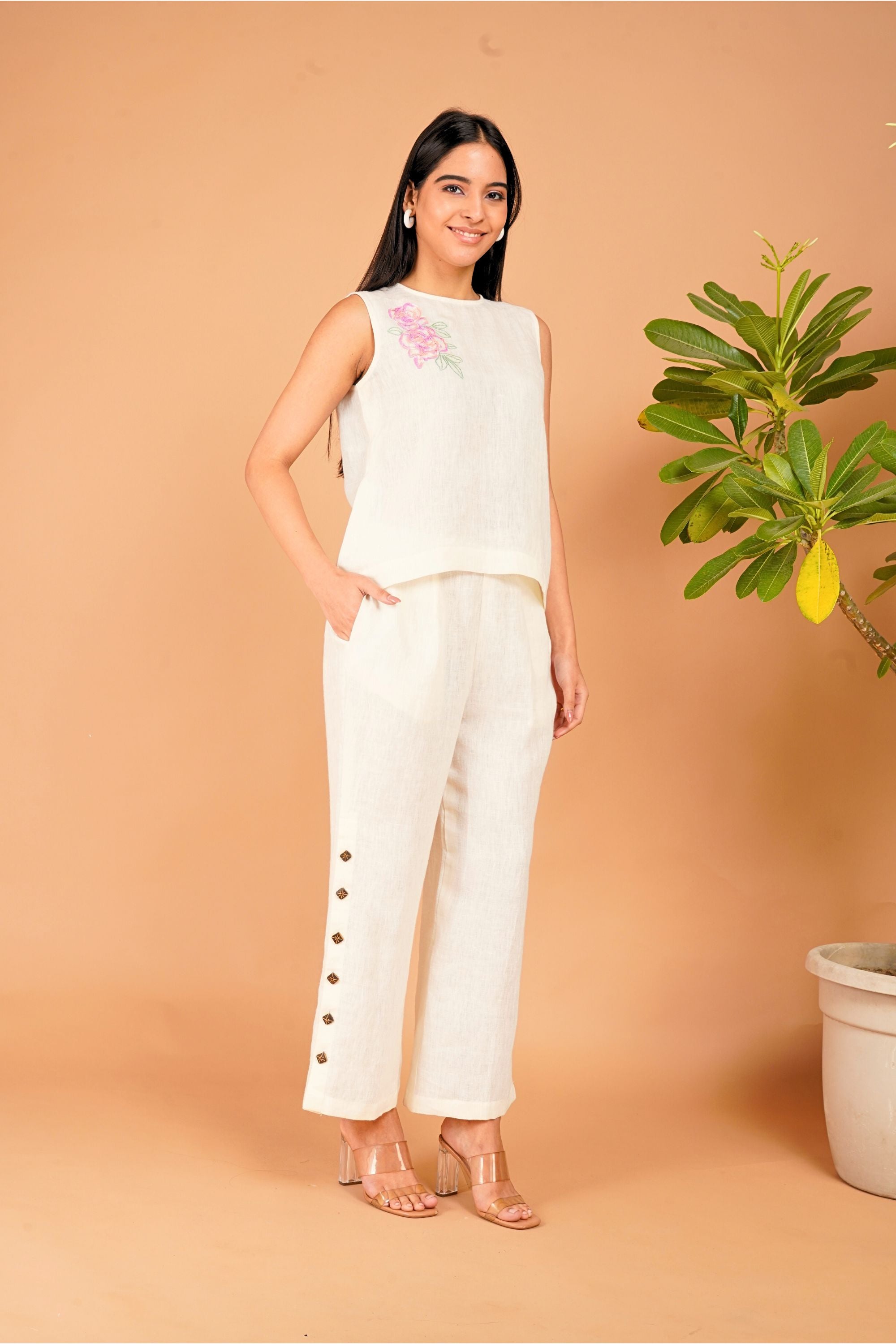 Ivory Bloom Hand-Embroidered Linen Co-Ord Set
