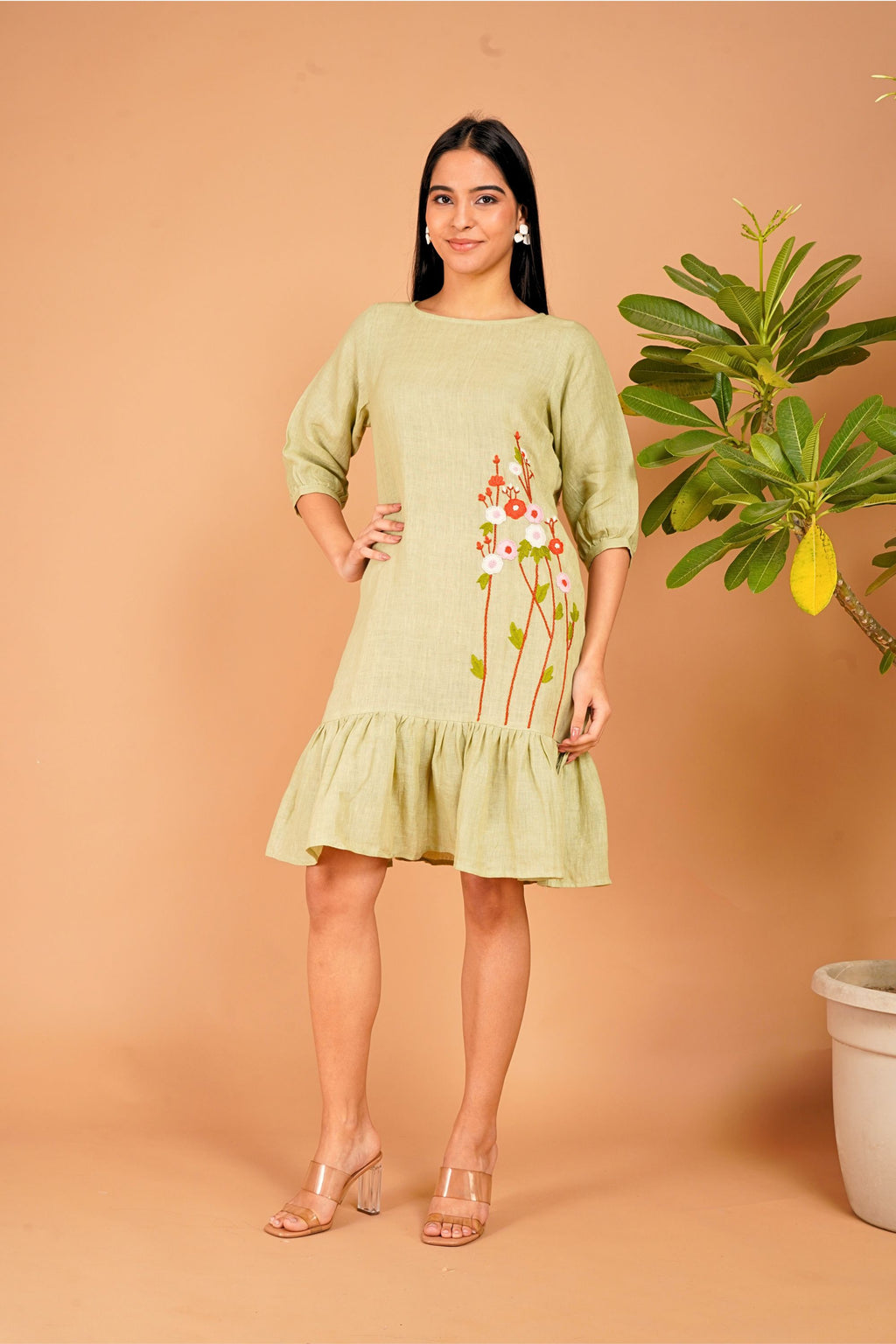Meadow Whisper Hand-Embroidered Linen Dress