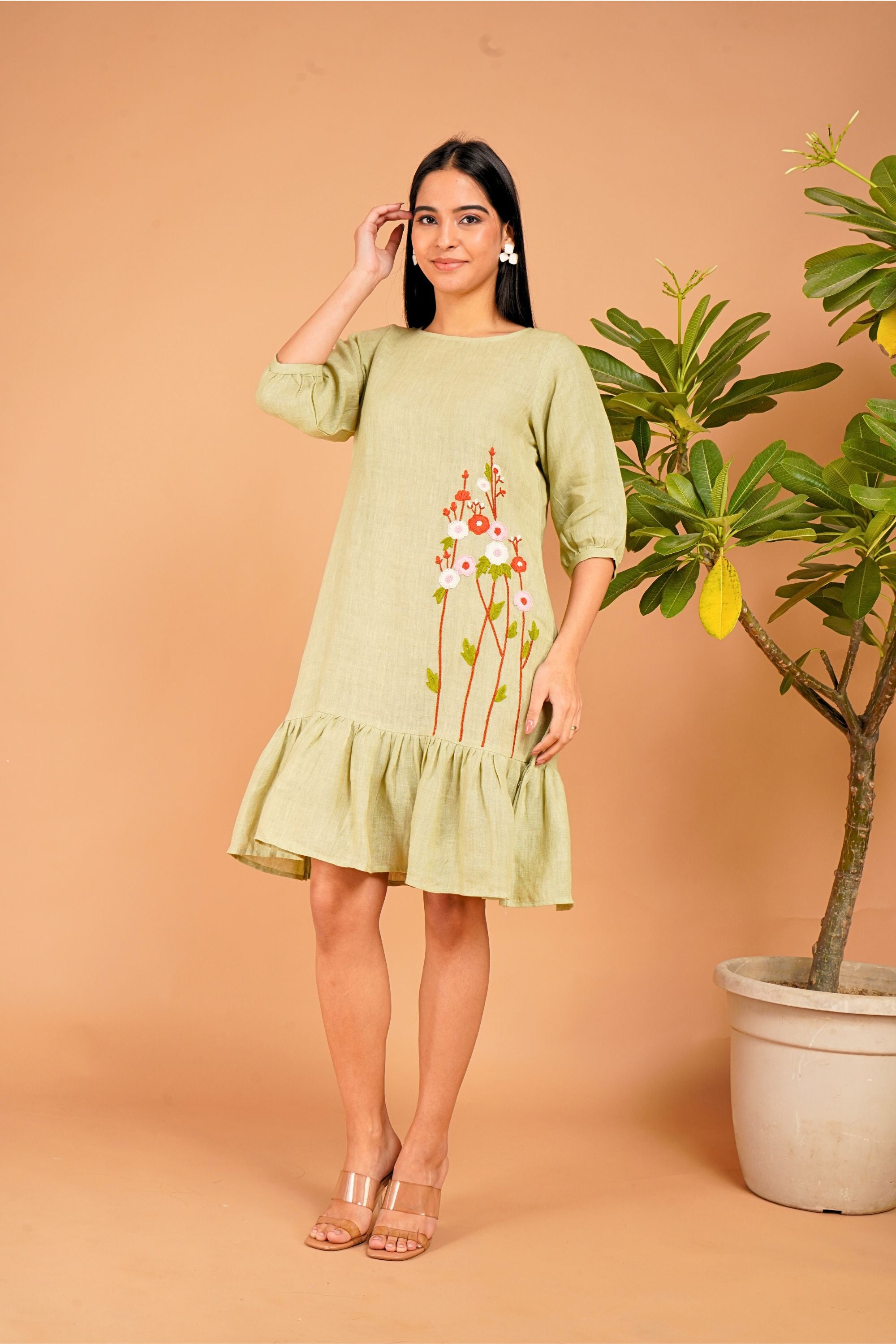 Meadow Whisper Hand-Embroidered Linen Dress