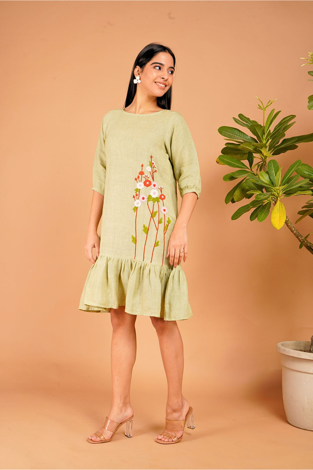 Meadow Whisper Hand-Embroidered Linen Dress