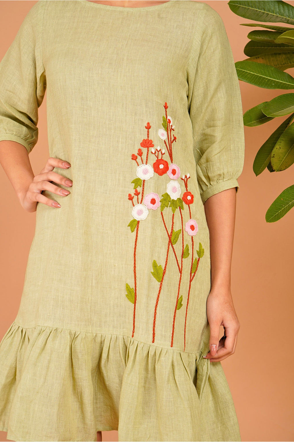 Meadow Whisper Hand-Embroidered Linen Dress