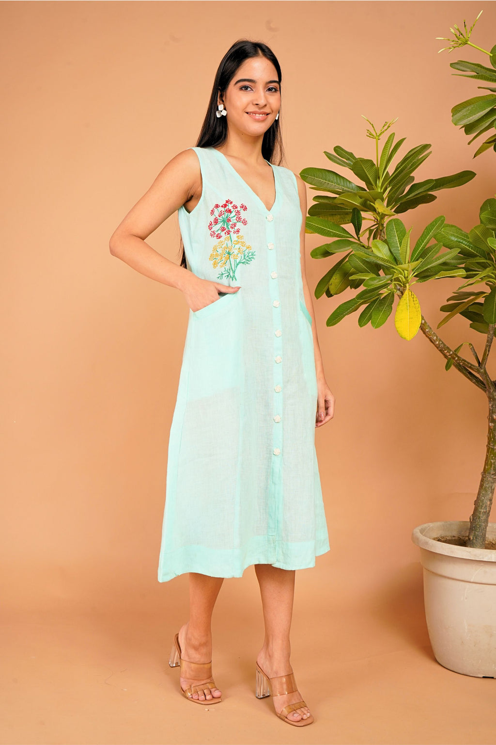 Mint Meadow Hand-Embroidered Linen Dress
