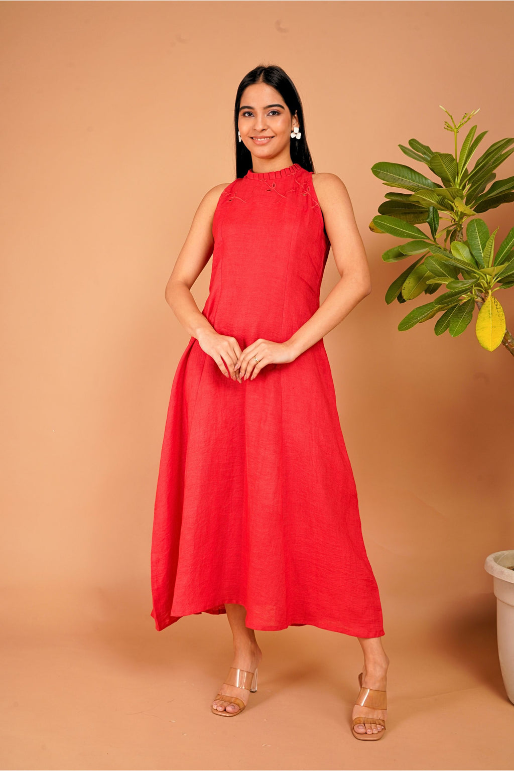 Scarlet Ember Linen Halter Dress