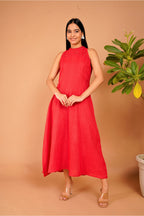 Scarlet Ember Linen Halter Dress