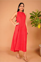 Scarlet Ember Linen Halter Dress