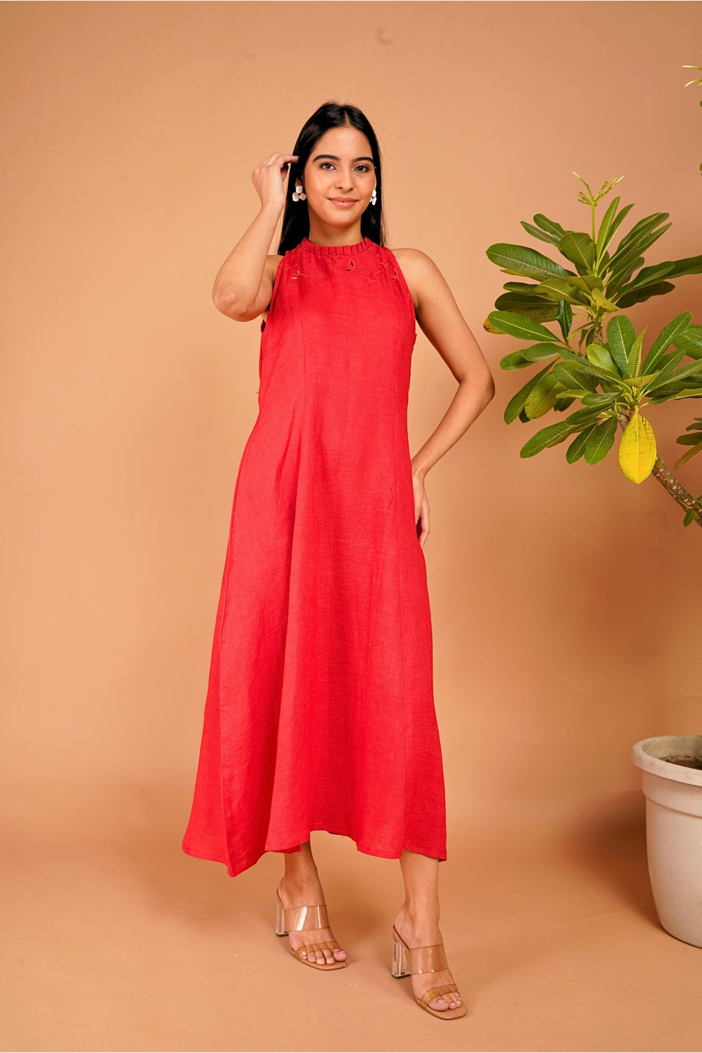 Scarlet Ember Linen Halter Dress
