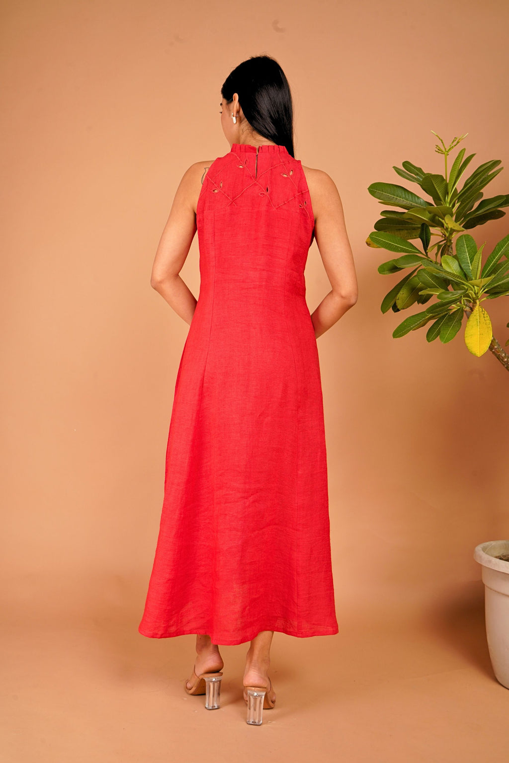 Scarlet Ember Linen Halter Dress