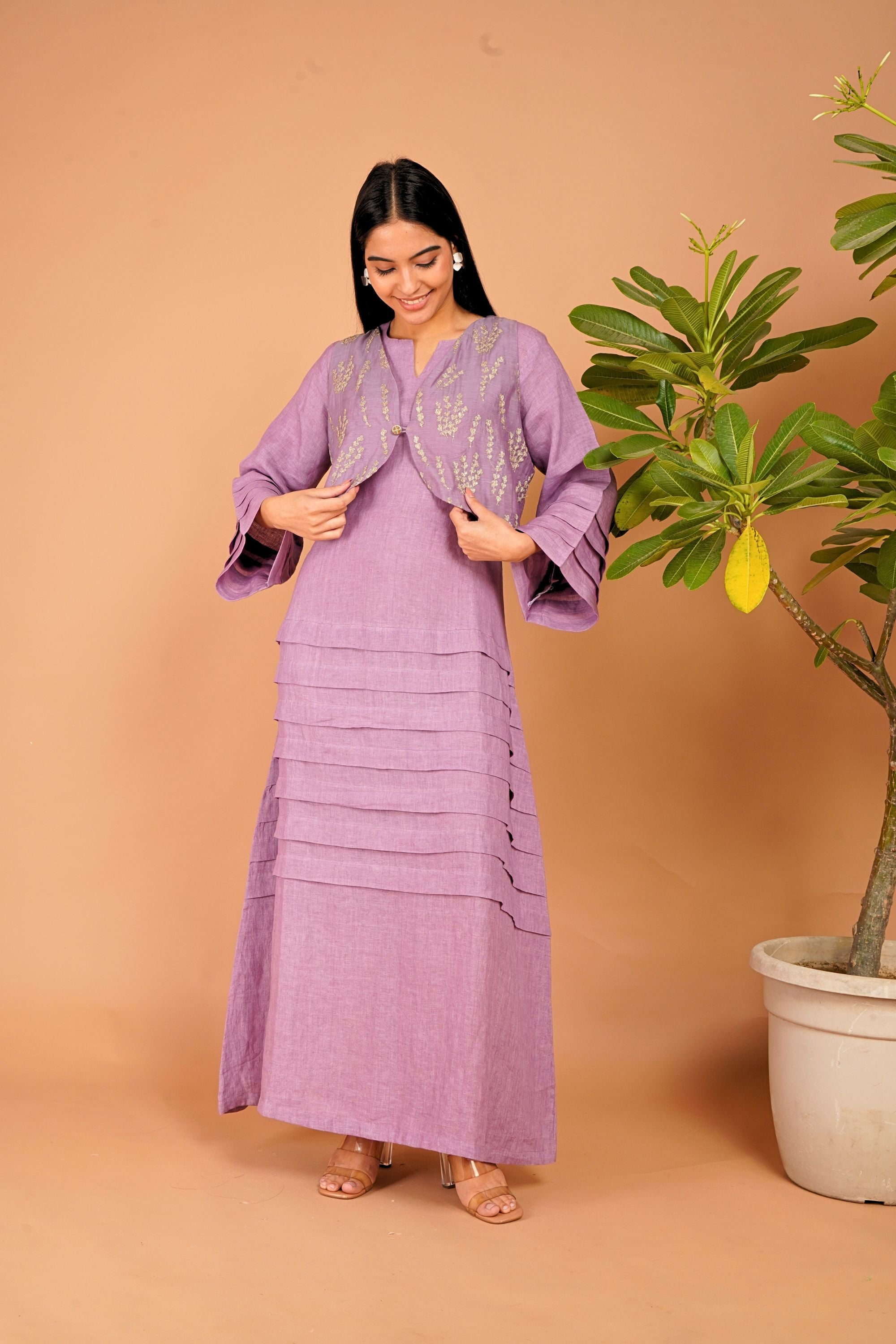 Amethyst Tide Layered Linen Dress Set