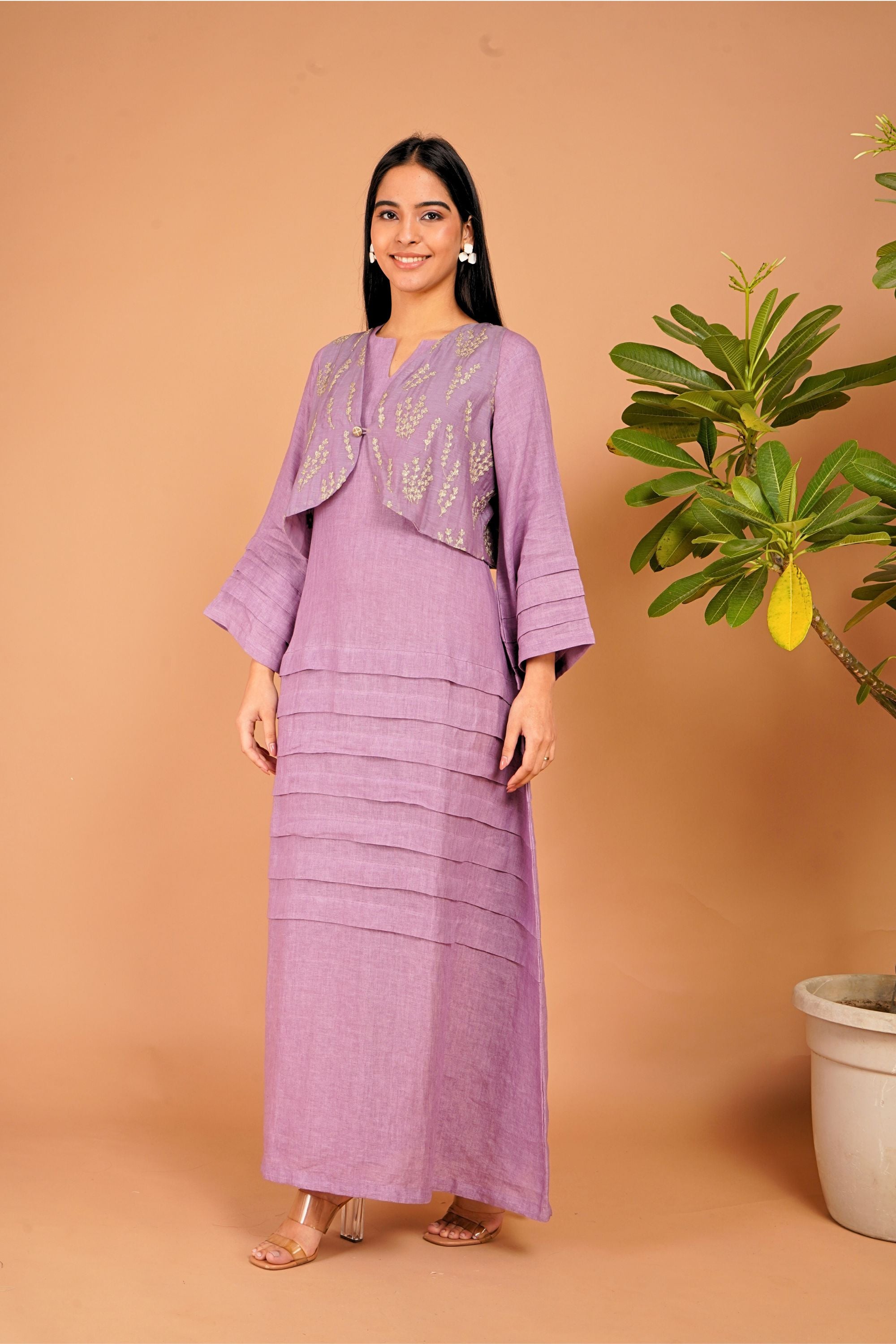 Amethyst Tide Layered Linen Dress Set
