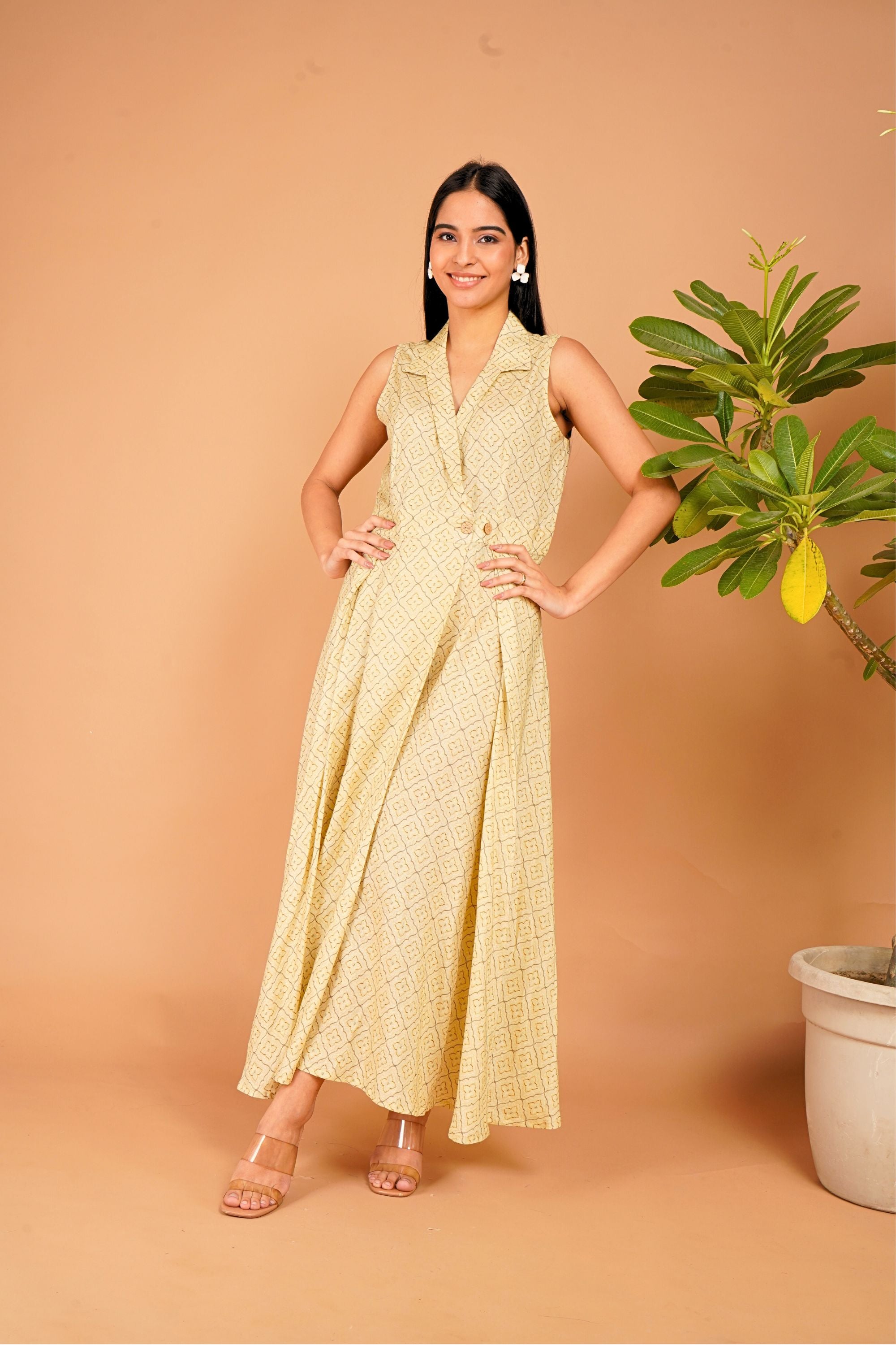Golden Lattice Linen Wrap Dress