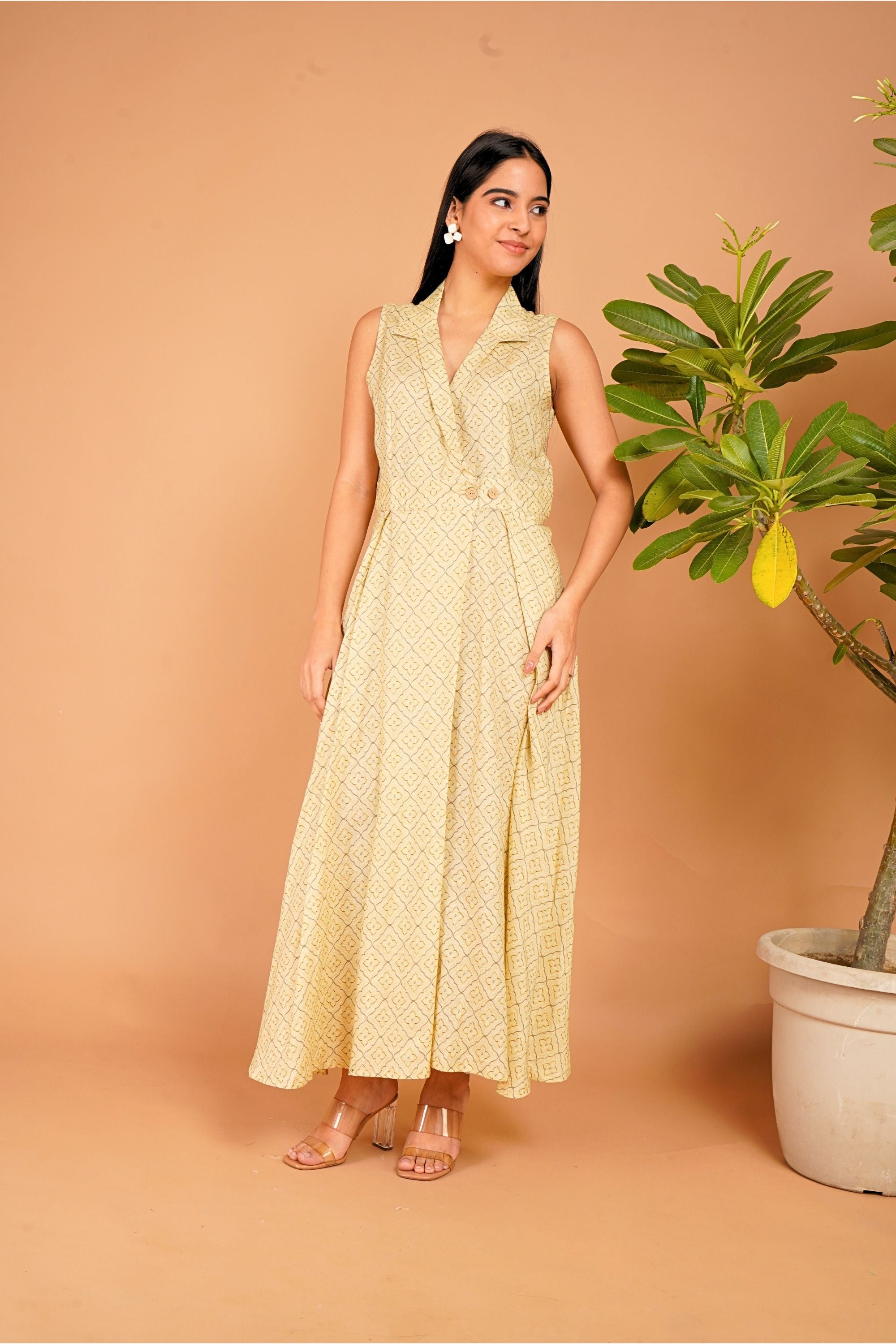 Golden Lattice Linen Wrap Dress