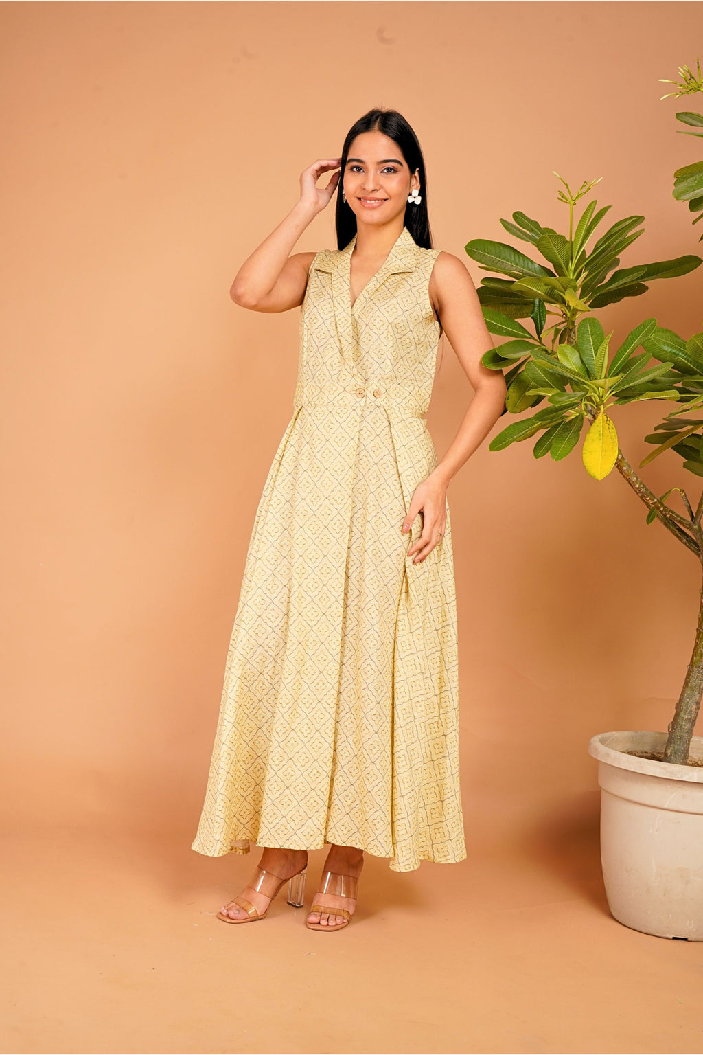 Golden Lattice Linen Wrap Dress