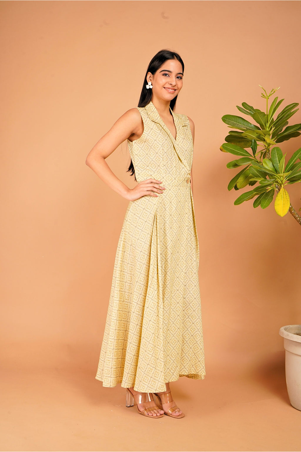 Golden Lattice Linen Wrap Dress