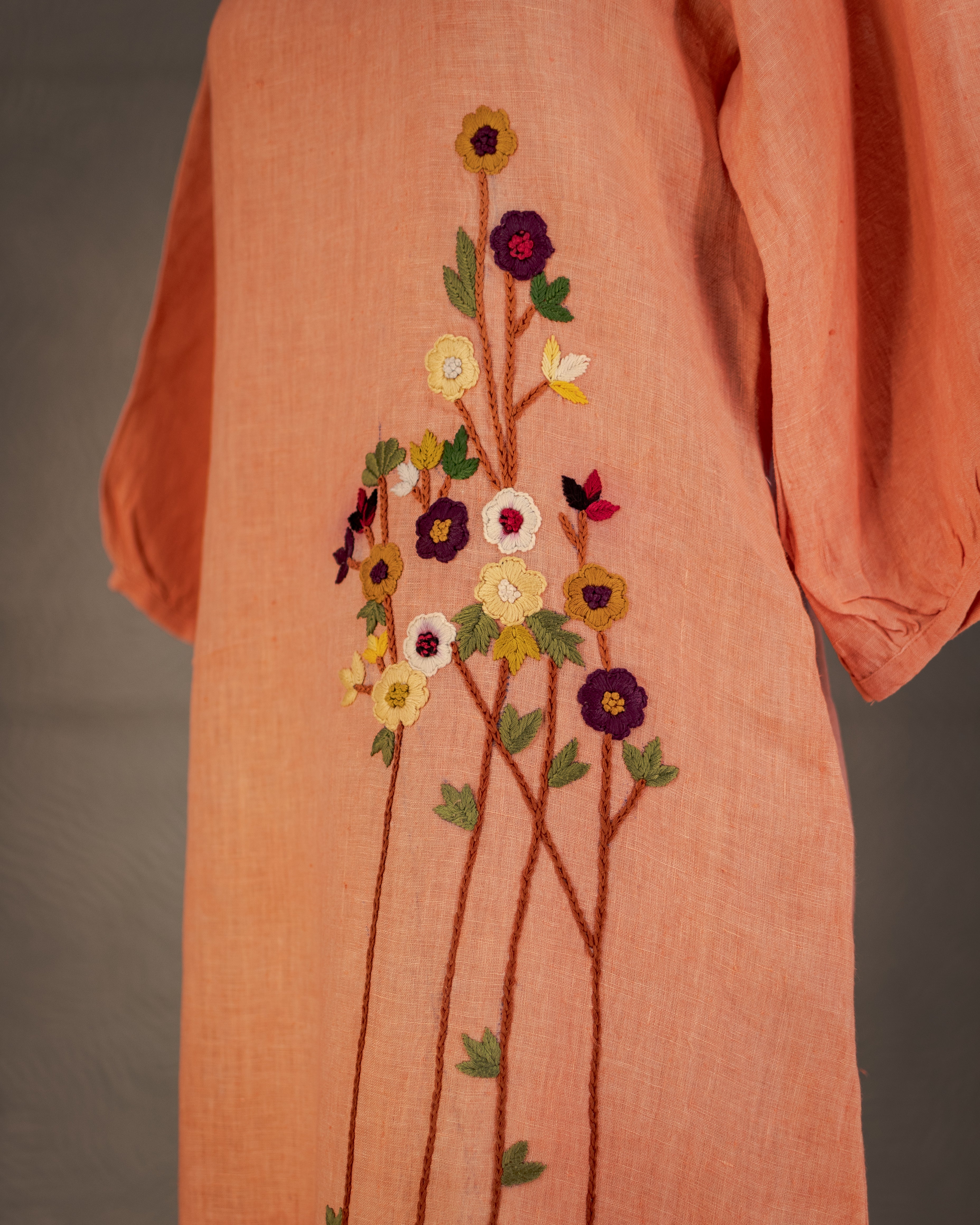 Peach Wildflower Ruffle Dress in Pure Linen