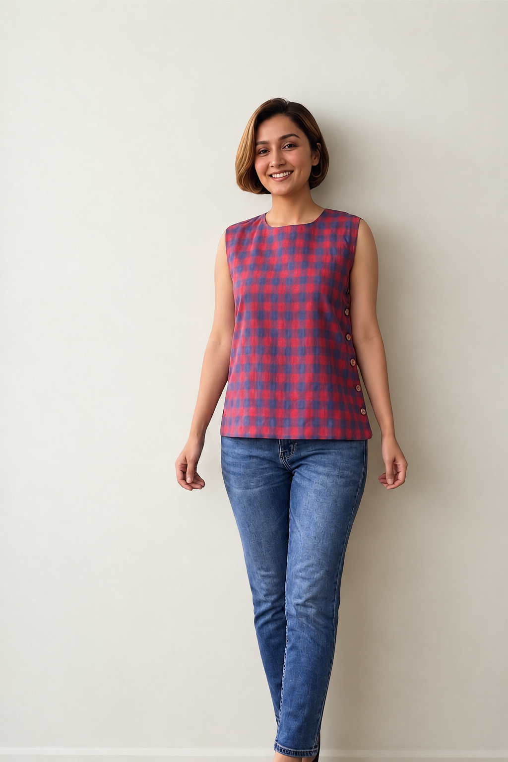 Crimson Grid Sleeveless Top - View 1
